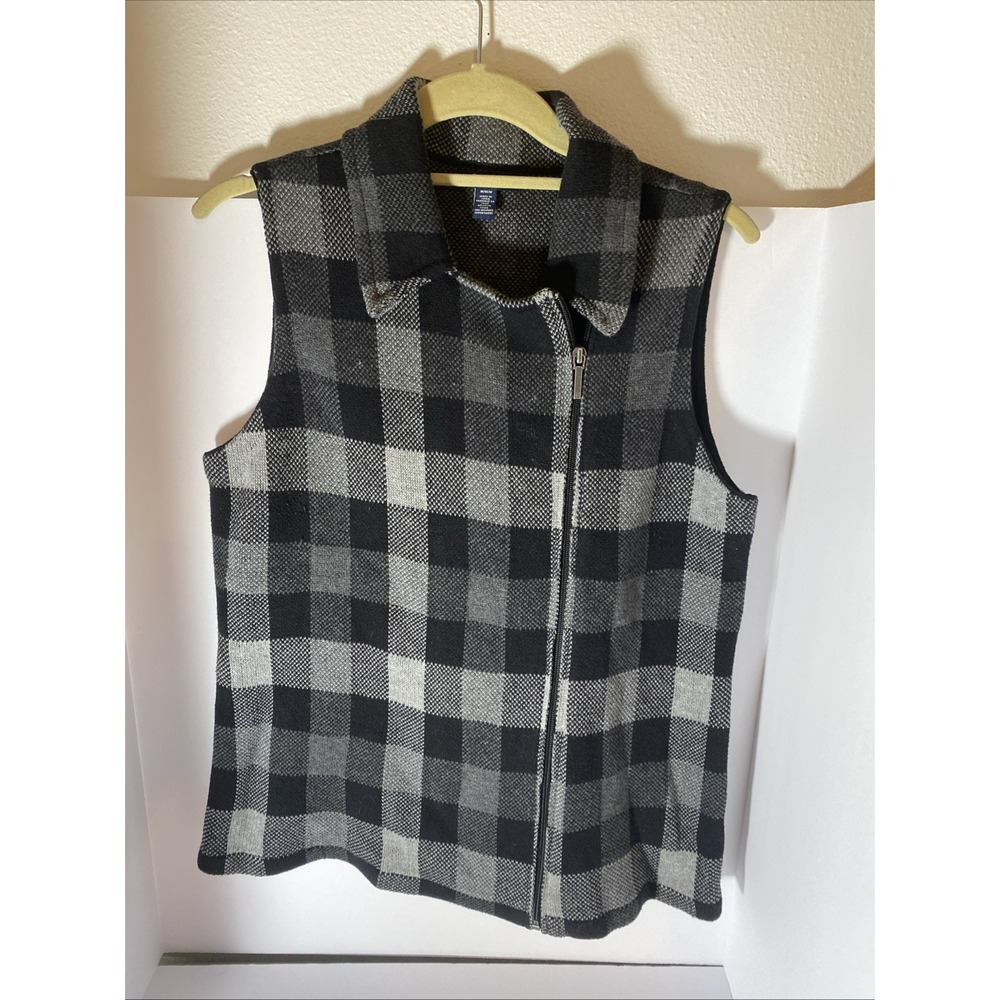 CHAPS Ralph Lauren Knit Sweater Vest Sz Med Black White Plaid Full Zip H1